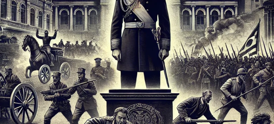DALL·E 2024-12-11 19.59.37 - A more refined and intense historical illustration of the Proclamation of the Republic in Brazil, emphasizing the chaos, violence, and authoritarianis